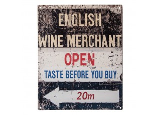 Černobílá antik nástěnná kovová cedule English Wine Merchant - 20*1*25 cm