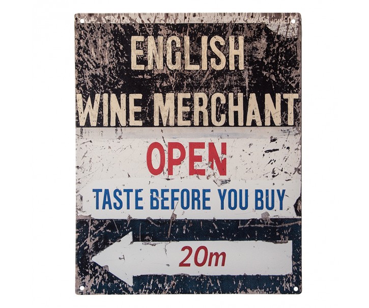 Černobílá antik nástěnná kovová cedule English Wine Merchant - 20*1*25 cm Clayre & Eef
