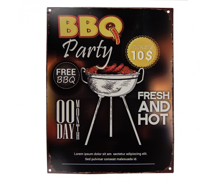 Černá antik nástěnná kovová cedule BBQ Party - 25*1*33 cm Clayre & Eef
