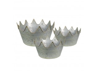 3ks zinkový plechový obal na květináč ve tvaru koruny - Ø 43*21 / Ø 40*20 / Ø 33*18 cm