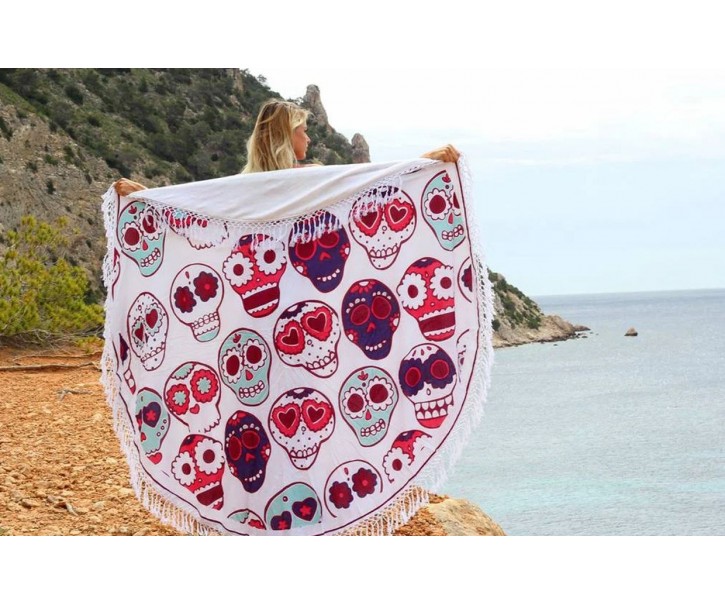 Barevný kulatý plážový bavlněný ručník / osuška s třásněmi Happy Skull - Ø180 cm Mycha Ibiza new