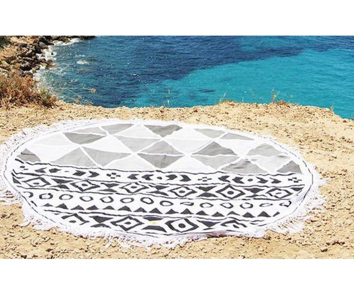 Bílo-černý kulatý plážový bavlněný ručník s třásněmi Aztec - Ø180 cm Mycha Ibiza new
