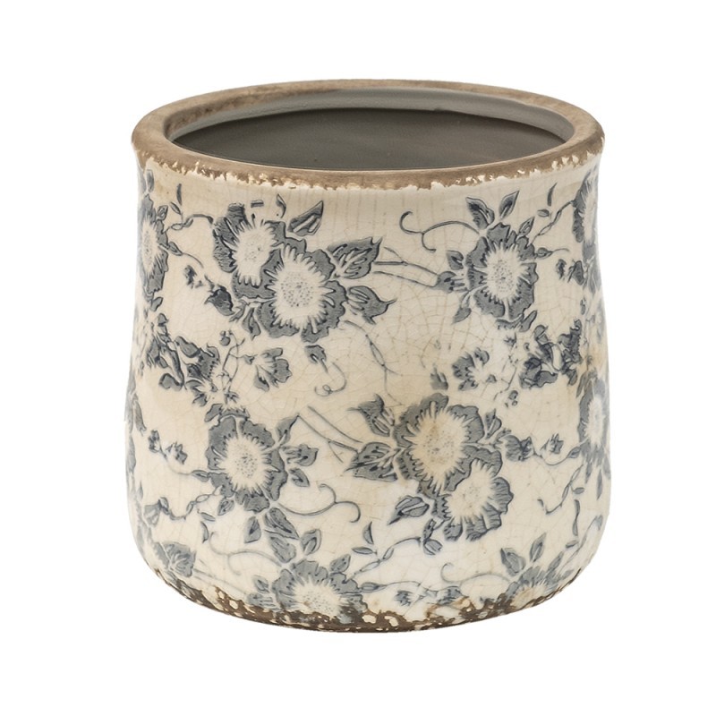 Keramický obal na květináč se šedými květy Filon French M - Ø 14*14 cm Clayre & Eef Keramický obal na květináč se šedými květy Filon French M - Ø 14*14 cm Clayre & Eef