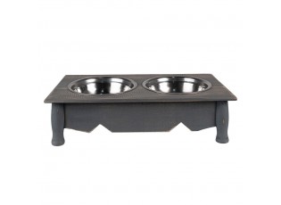 Misky pro zvířata v šedém antik dřevěném stojanu - 41*22*12 cm / 2*500 ml