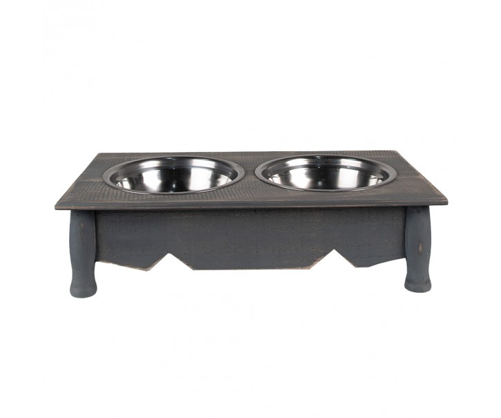 Misky pro zvířata v šedém antik dřevěném stojanu - 41*22*12 cm / 2*500 ml Clayre & Eef