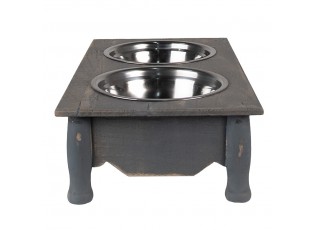 Misky pro zvířata v šedém antik dřevěném stojanu - 41*22*12 cm / 2*500 ml