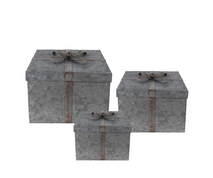 Zinkové antik úložné boxy s víky a mašlemi - 24*24*18 / 20*20*15 / 16*16*12 cm Clayre & Eef