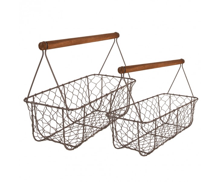 Hnědé antik drátěné košíky s dřevěnou rukojetí - 36*17*12/27 / 32*15*10/22 cm Clayre & Eef