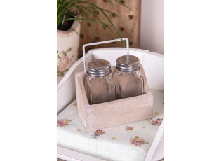 Skleněná solnička a pepřenka v dřevěném stojánku - 11*6*12 cm