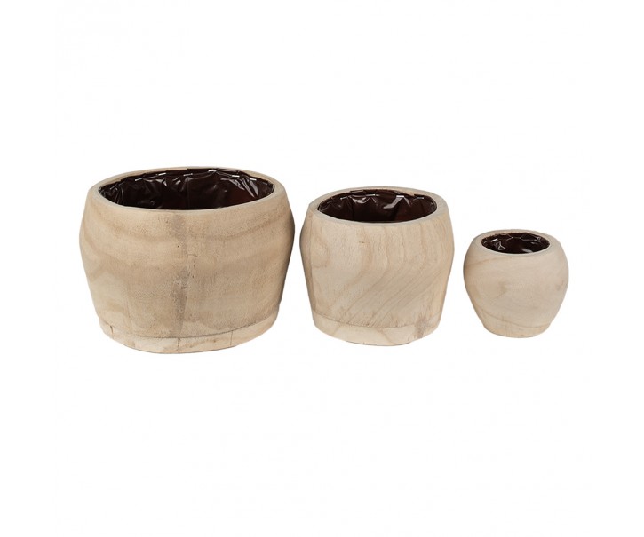 Set 3ks přírodní dřevěný květináč - Ø 24*15 / Ø 18*13 / Ø 12*10 cm Clayre & Eef