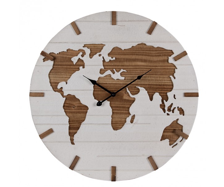 Hnědo-béžové antik nástěnné hodiny s mapou World - Ø 60*4 cm / 1*AA Clayre & Eef