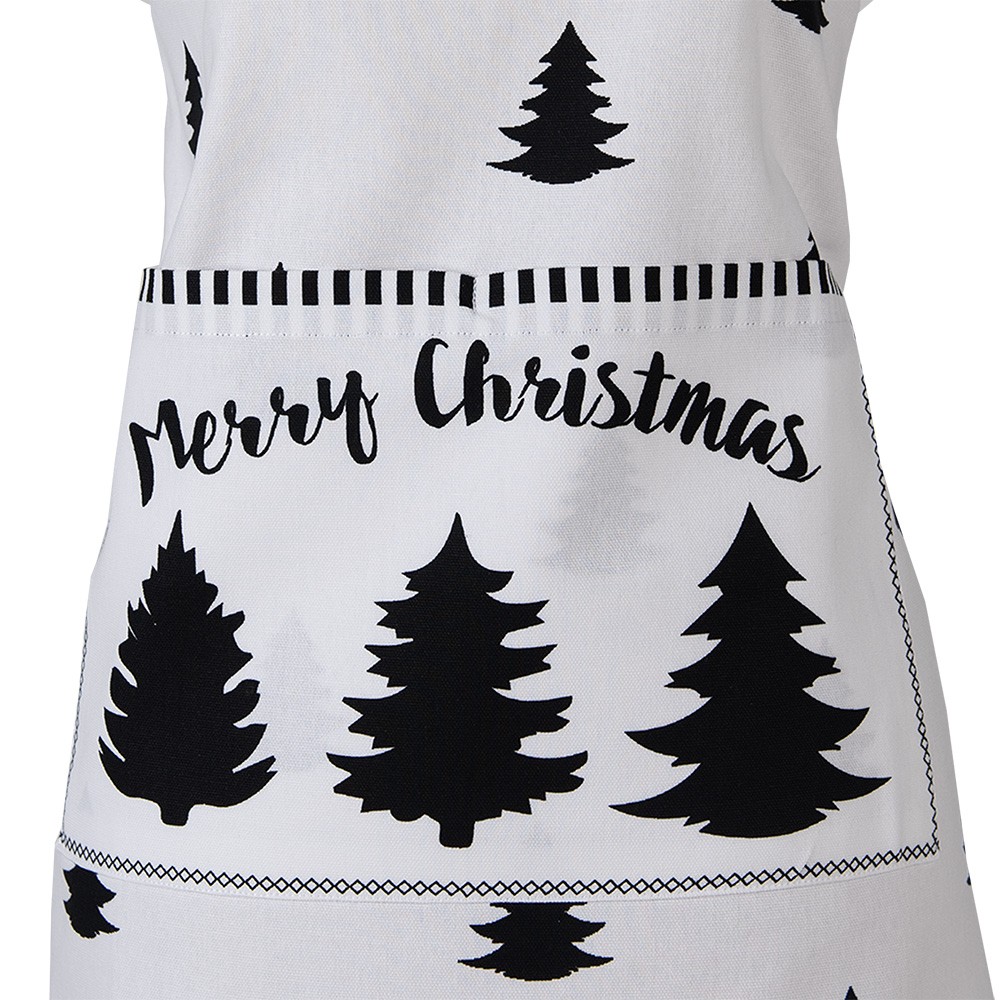 Bílá bavlněná zástěra se stromky Black&White X-Mas - 70*85 cm Clayre & Eef Bílá bavlněná zástěra se stromky Black&White X-Mas - 70*85 cm Clayre & Eef