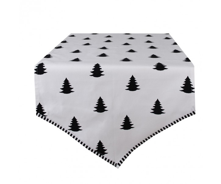 Bílý bavlněný běhoun na stůl se stromky Black&White X-Mas - 50*160 cm Clayre & Eef