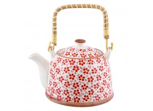 Porcelánová konvička se sítkem červená kvítka - Ø 14*14 cm / 0,7L