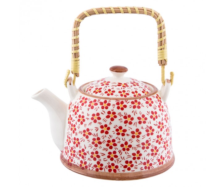Porcelánová konvička se sítkem červená kvítka - Ø 14*14 cm / 0,7L Clayre & Eef