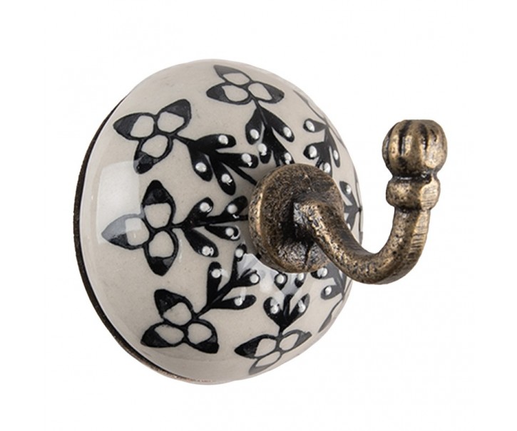 Bronzový antik nástěnný háček s porcelánovou knopkou - Ø 6 * 7 cm Clayre & Eef