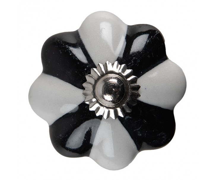 Černo-bílá keramická úchytka knopka ve tvaru květiny - Ø 4*4 cm Clayre & Eef