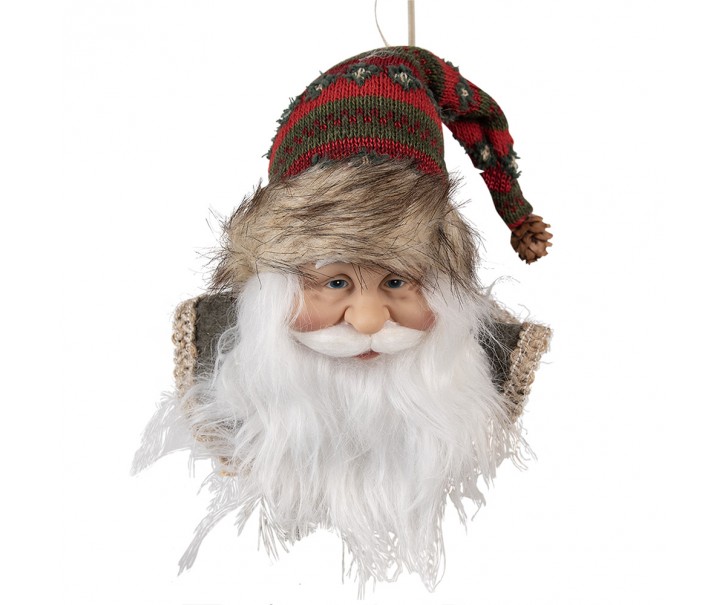 Závěsná dekorace hlava Santa s barevnou čepicí - 10*9*28 cm Clayre & Eef