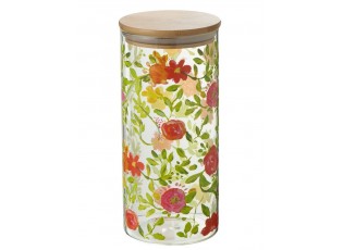 Skleněná dóza na potraviny s dřevěným víčkem a květy Floral glass - Ø10*23cm / 1400ml