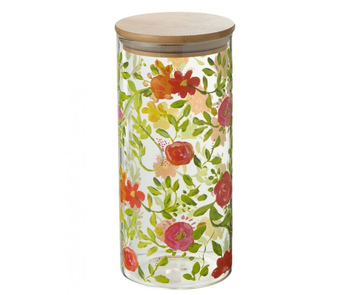Skleněná dóza na potraviny s dřevěným víčkem a květy Floral glass - Ø10*23cm / 1400ml J-Line by Jolipa