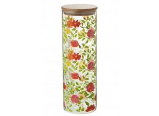 Skleněná dóza na potraviny s dřevěným víčkem a květy Floral glass - Ø10*30cm / 1900ml