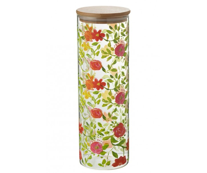 Skleněná dóza na potraviny s dřevěným víčkem a květy Floral glass - Ø10*30cm / 1900ml J-Line by Jolipa