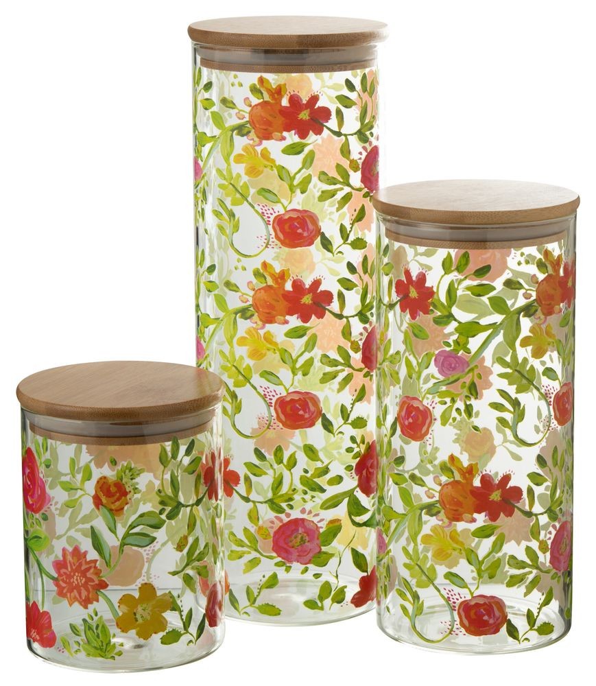 Skleněná dóza na potraviny s dřevěným víčkem a květy Floral glass - Ø10*30cm / 1900ml J-Line by Jolipa Skleněná dóza na potraviny s dřevěným víčkem a květy Floral glass - Ø10*30cm / 1900ml J-Line by Jolipa