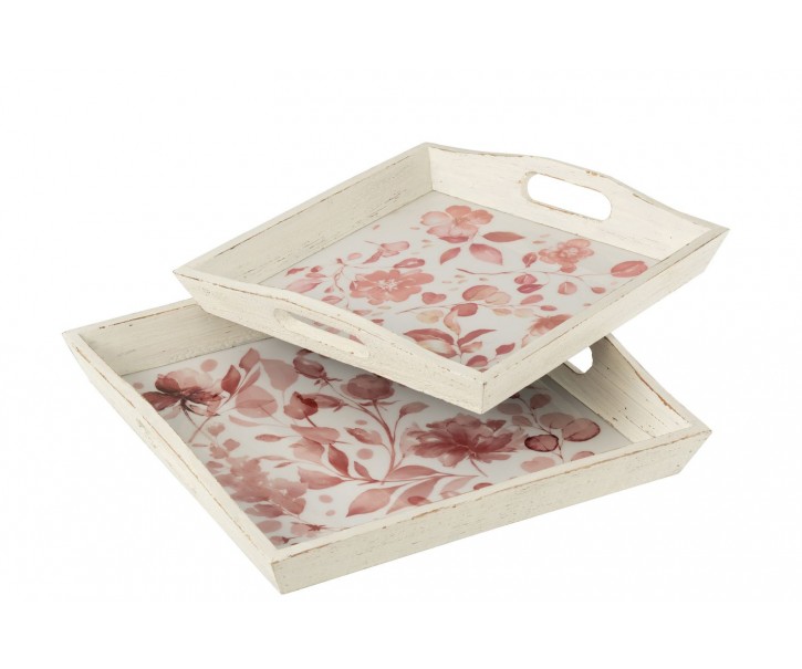 2ks dřevěný podnos s květinovým dekorem Tray Roses - 39*39*5/ 35*35*4 cm J-Line by Jolipa