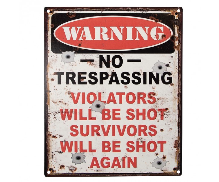 Bílá antik nástěnná kovová cedule No Trespassing - 20*1*25 cm Clayre & Eef