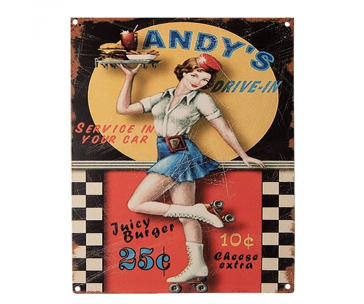 Barevná antik nástěnná kovová cedule Andy's Drive-in - 20*1*25 cm Clayre & Eef