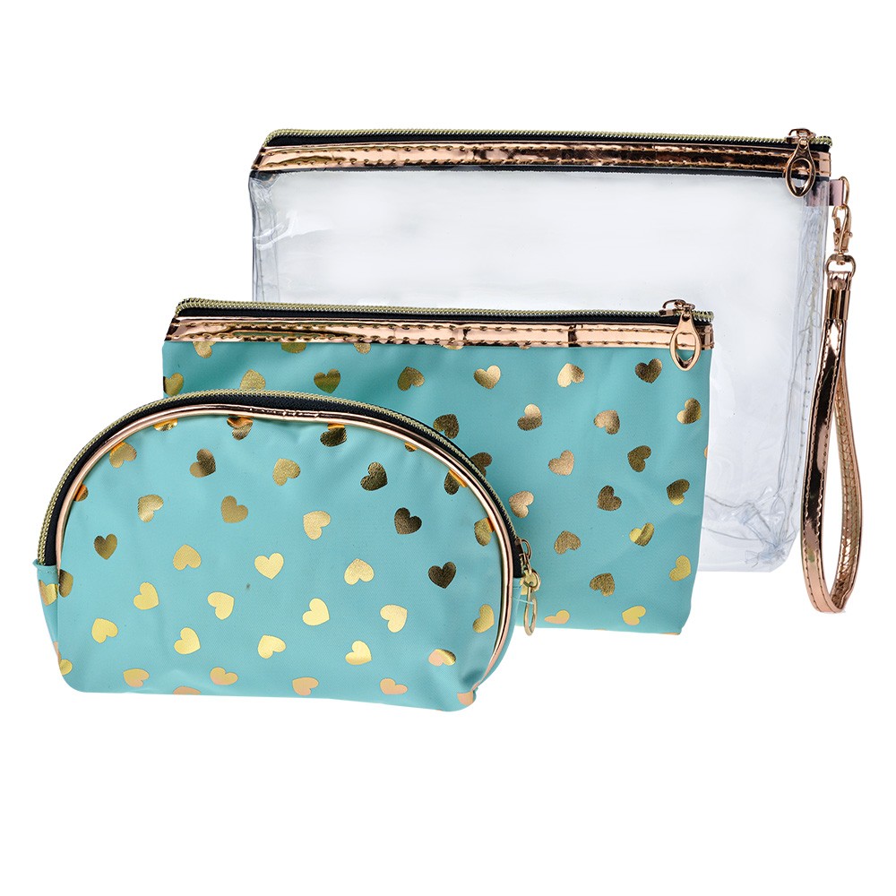 3ks dámská toaletní taška průhledná a tyrkysová se zlatými srdíčky - 23*17 / 20*13 / 18*12 cm Clayre & Eef 3ks dámská toaletní taška průhledná a tyrkysová se zlatými srdíčky - 23*17 / 20*13 / 18*12 cm Clayre & Eef