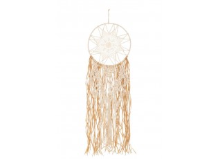 Béžovo-hnědý lapač snů s lýkovými proužky a Macramé - Ø 32*95 cm