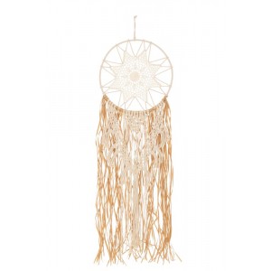 Béžovo-hnědý lapač snů s lýkovými proužky a Macramé - Ø 32*95 cm