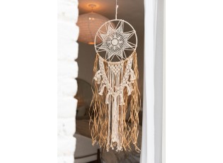 Béžovo-hnědý lapač snů s lýkovými proužky a Macramé - Ø 32*95 cm