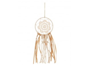 Béžovo-hnědý lapač snů s lýkovými proužky a Macramé - Ø 9*30 cm