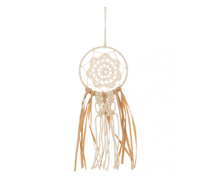 Béžovo-hnědý lapač snů s lýkovými proužky a Macramé - Ø 9*30 cm J-Line by Jolipa