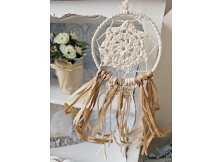 Béžovo-hnědý lapač snů s lýkovými proužky a Macramé - Ø 9*30 cm