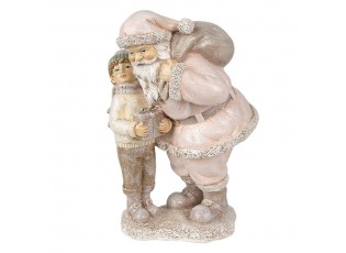 Růžová vánoční dekorace socha Santa s chlapcem - 13*11*18 cm
