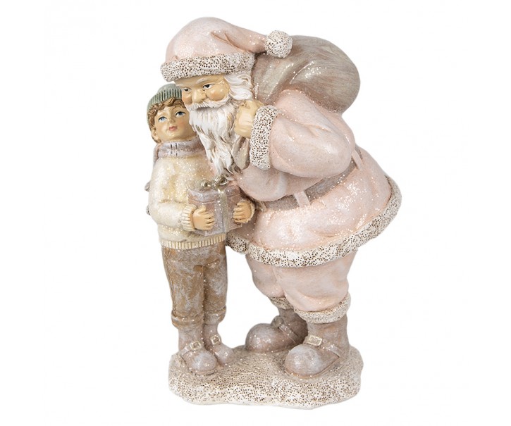 Růžová vánoční dekorace Socha Santa s chlapcem - 13*11*18 cm Clayre & Eef