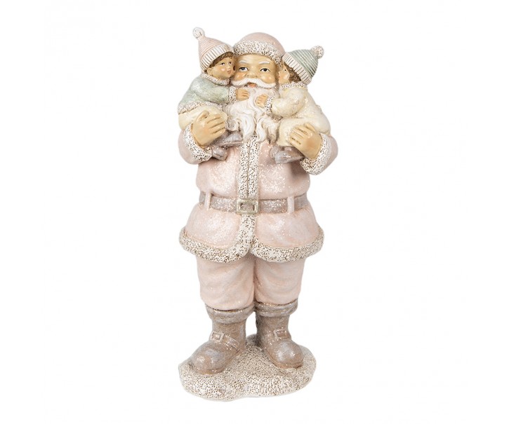 Růžová vánoční dekorace Socha Santa s dětmi - 10*8*21 cm Clayre & Eef