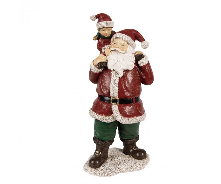 Červená vánoční dekorace socha Santa s chlapcem - 11*8*23 cm Clayre & Eef