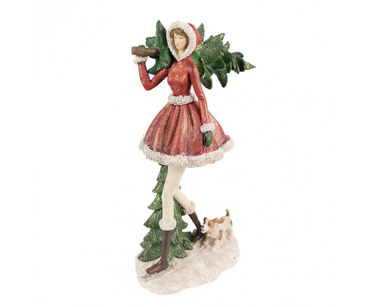 Červená dekorace socha dívka nesoucí stromek s pejskem - 25*17*43 cm Clayre & Eef
