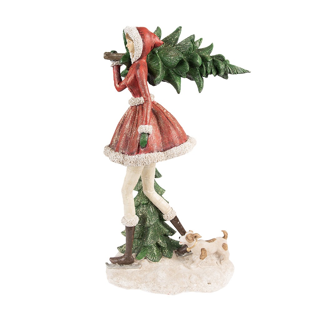 Červená dekorace socha dívka nesoucí stromek s pejskem - 25*17*43 cm Clayre & Eef Červená dekorace socha dívka nesoucí stromek s pejskem - 25*17*43 cm Clayre & Eef