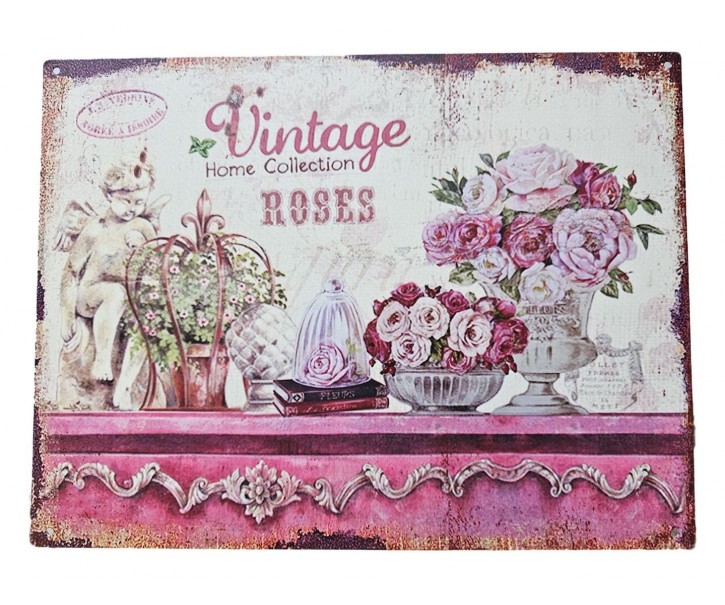 Růžová nástěnná kovová cedule s růžemi Vintage Roses - 33*25 cm Ostatn&iacute;