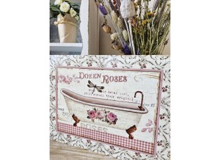 Béžová antik nástěnná kovová cedule s vanou a růžemi Dozes Roses - 25*33 cm
