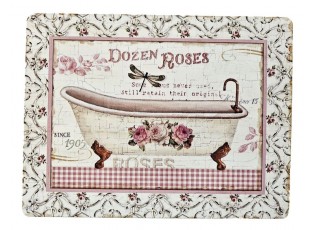 Béžová antik nástěnná kovová cedule s vanou a růžemi Dozes Roses - 25*33 cm