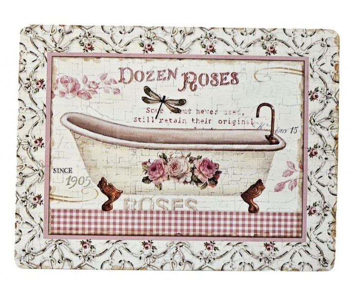 Béžová antik nástěnná kovová cedule s vanou a růžemi Dozes Roses - 25*33 cm Ostatn&iacute;