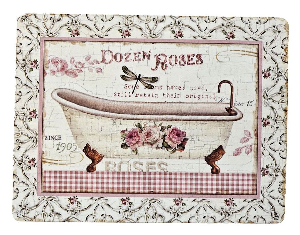 Béžová antik nástěnná kovová cedule s vanou a růžemi Dozes Roses - 25*33 cm Ostatní Béžová antik nástěnná kovová cedule s vanou a růžemi Dozes Roses - 25*33 cm Ostatní