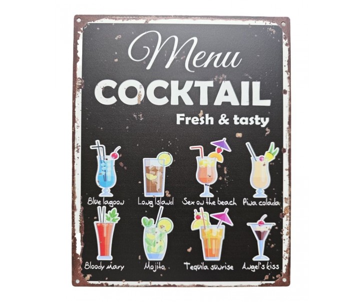 Černá antik nástěnná kovová cedule Menu Coctail - 20*25cm Ostatn&iacute;