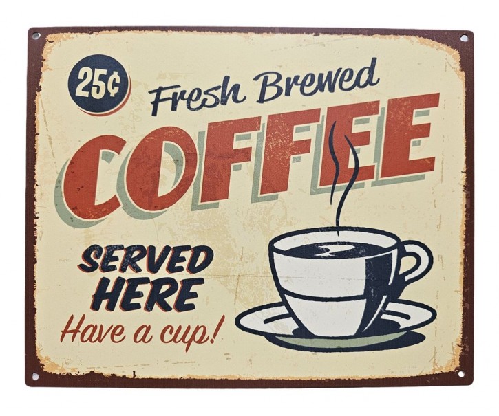 Žlutá antik nástěnná kovová cedule Fresh Coffee - 25*20cm Ostatn&iacute;